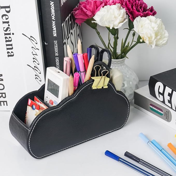 DreamsEden PU Leather Desk Organizer, Remote Control Holder Pen Pencil Cup Box Decorative Tabletop Storage Caddy for Home Office Accessories, 5 Slots