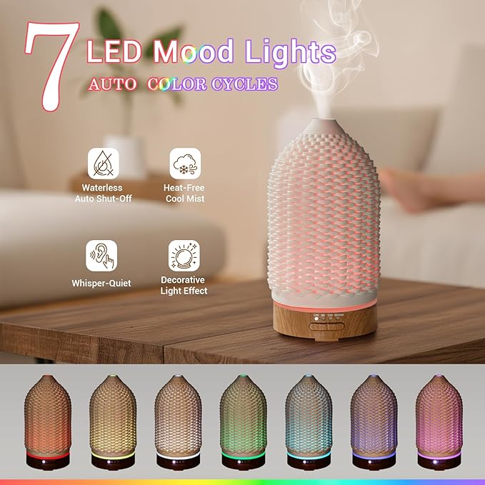 Ultrasonic Essential Oil Diffuser 100ML 3D Printing Ceramic - Cool Mist Humidifier, 7-Color LED Lights, 3 Timer & Auto Shut-Off, Ideal Gift for Home Bedroom Office (White)