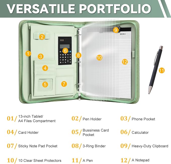 Leathario Portfolio Binder, Includes 5 Sheet Protectors and a Pen, 13 Inch Tablets Organizer, Vegan Leather A4 Padfolio, Multi-Pocket Notepad Business Planner Professional Document