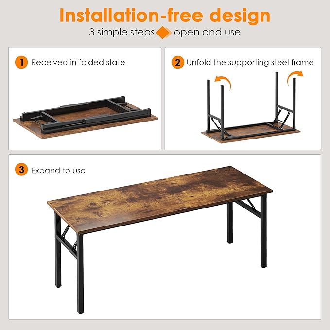 sogesfurniture Foldable Computer Desk 62 inches, Retro Large Folding Sturdy Laptop Workstation Table for Home Office, No Assembly Portable Study Writing Gaming Desk for Small Spaces, Rustic Brown