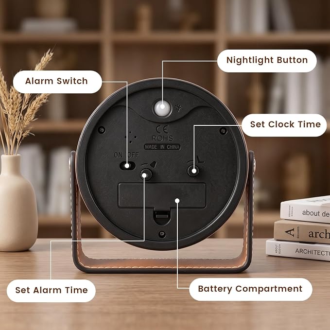 Analog Alarm Clock - 4.5" Silent Non Ticking Small Clock with Light, Rotatable Stand Metal Desk Clock Battery Operated, Simple Design for Living Room Decor/ Bedroom/Bedside/Shelf (Rose Gold & Brown)