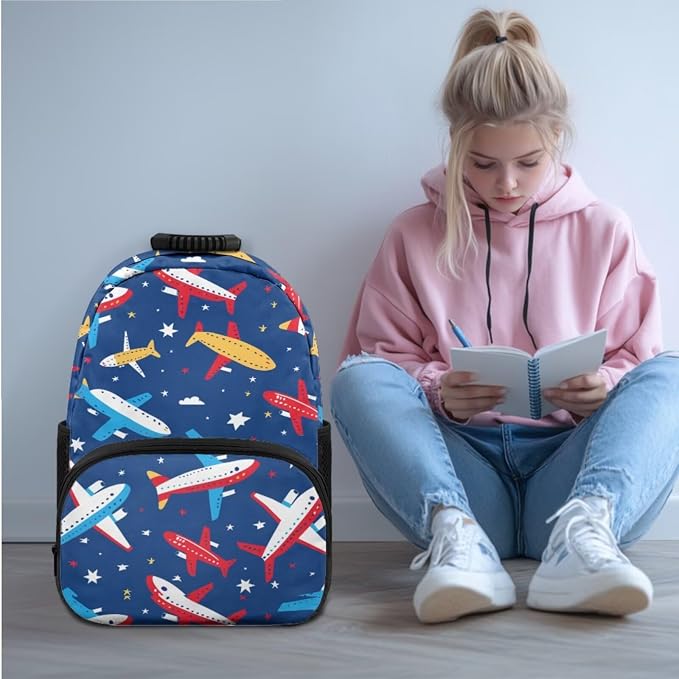 Ystardream Elementary School Bag for Boys Cartoon Airplane Backpack with Lunch Box Set for Teen Kids Backpack with Multiple Pockets Lightweight Pencil Case for Student Back to School Gift
