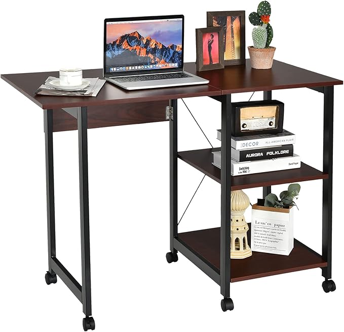 Tangkula Mobile Folding Computer Desk, Modern Writing Desk w/ 2-Tier Storage Shelves, PC Laptop Study Desk Workstation w/ 6 Wheels, Space Saving Compact Home Office Desk for Small Apartment (Brown)