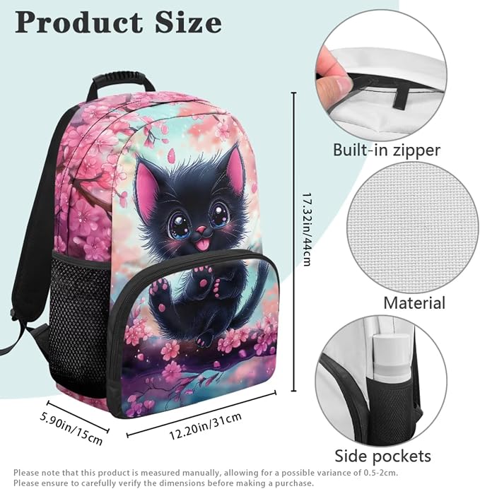 Girls 17 Inch Black Cat Backpack Set 4PCS, Cherry Blossoms Cute Cartoon Bookbag with Lunch Bag, Pencil Case & Bottle Sleeve for Elementary Kids Ages 6-8 Back to School