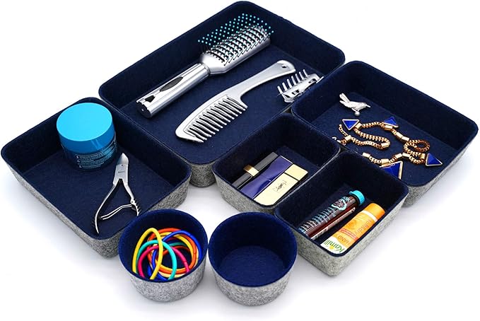 Welaxy Desk Drawer organizer felt trays desktop storage bins dividers for office supplies Nightstand sort catchall entryway key holder decluttering 7-piece (Navy)