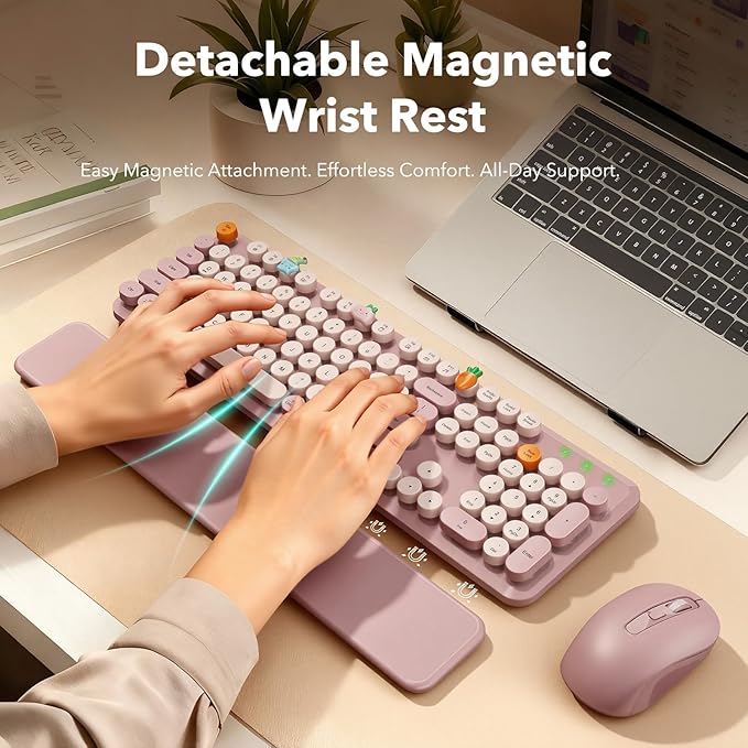 Wireless Keyboard and Mouse Combo, Round Keycaps, Full-Size Typewriter-Style Keyboard with Detachable Wrist Rest, Tilt Legs & 3-Level DPI Mouse, 2.4GHz Cordless for Windows PC/Laptop (Dusty Rose)