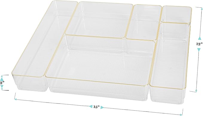 Martha Stewart Kerry Stackable Desk Drawer Organizers, Clear/Gold, 6-Pack | Various Sizes, Gold Trim, Stackable