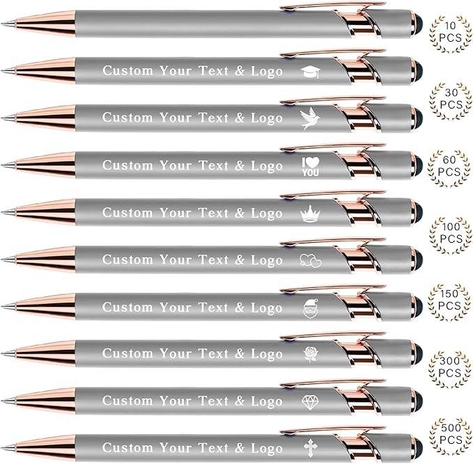 Bulk Custom Pens Personalized, Customized Pens with Name/Logo on Both Sides Gifts, Black Ink Engraved Ballpoint with Stylus, Ideal for Business, Birthday, Party, Wedding, School, Metal Material