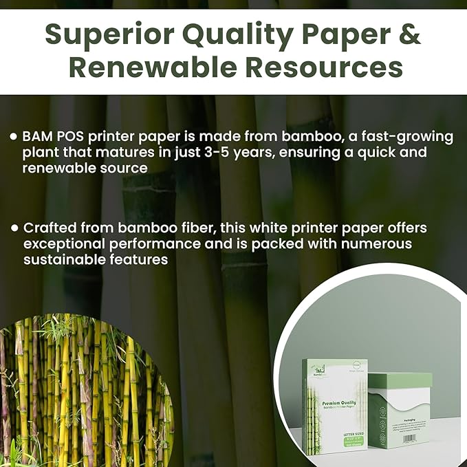 BAM POS Bamboo Printer Paper - 8 1/2” x 11”- 20LB Multipurpose White Paper - Made from Bamboo Fiber, Renewable Resources, Zero Trees Used - 3 reams (1500 Sheets)