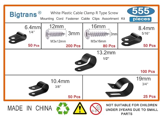 Bigtrans 555 Pcs Nylon Plastic R-Type Wire Clips with Screws 1/4" 5/16" 3/8" 1/2" 3/4" Clamps Fasteners Assortment for Cable Conduit -5 Size -Black