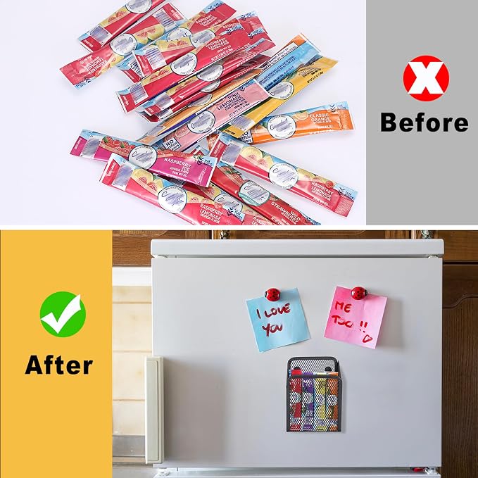 ELLDOO Magnetic Water Drink Packet Holder, Magnetic Metal Mesh Tea Bag Organizer Sugar Packet Basket, Kitchen Organizers and Storage for Refrigerator and Countertop