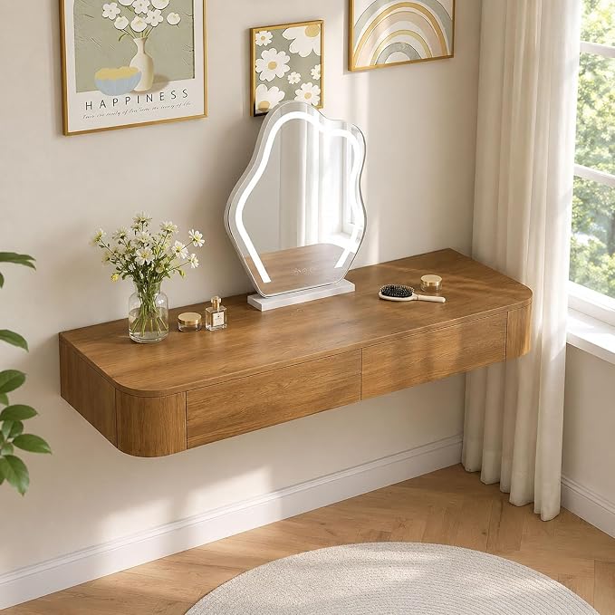 Floating Makeup Vanity Desk with Drawers Wall Mounted Makeup Table with Storage Fully Assembled Floating Vanity Desk Space Saving Modern Dressing Table for Bedroom Closet(Walnut,39.3")