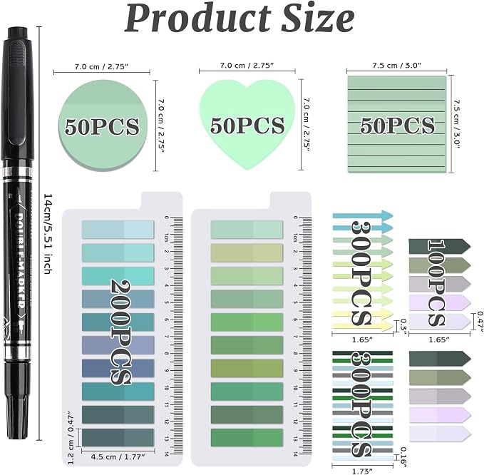 1450 Sheets Transparent Sticky Notes, 3 x 3 inch Aesthetic Clear Lined Sticky Notes with Pen, Gradient Color Waterproof Self-Adhesive Annotation Tabs for Bible Journaling (Green Series)