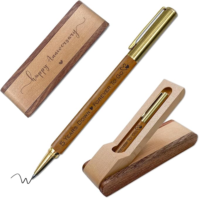 5 Year Anniversary Pen Gifts for Him, Wooden Ballpoint Pen Gift Set for Fifth Wooden Wedding Anniversary, 5th Wedding Anniversary Keepsake for Husband Wife, 5 Years of Marriage Gifts for Couple