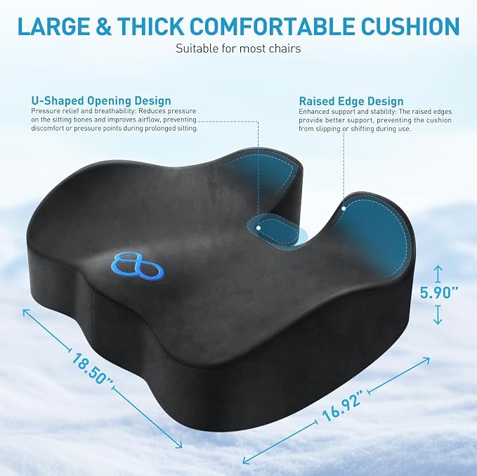 BlissTrends Extra Thick Seat Cushion for Office Chair & Car Seat,Grey | Tailbone & Sciatica Relief, Ergonomic Support, High-Density Memory Foam, Comfort for Extended Sitting