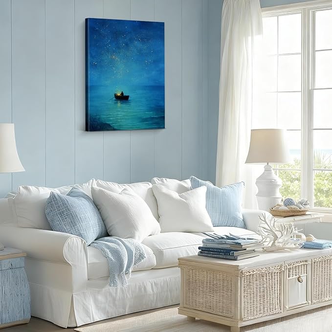 Ocean Wall Art, Blue Night Sea Boat Starry Sky Canvas Wall Decor, Aesthetic Seascape Canvas Poster Pictures, Calm Minimalist Print for Living Room Bedroom Office 8x10 Framed