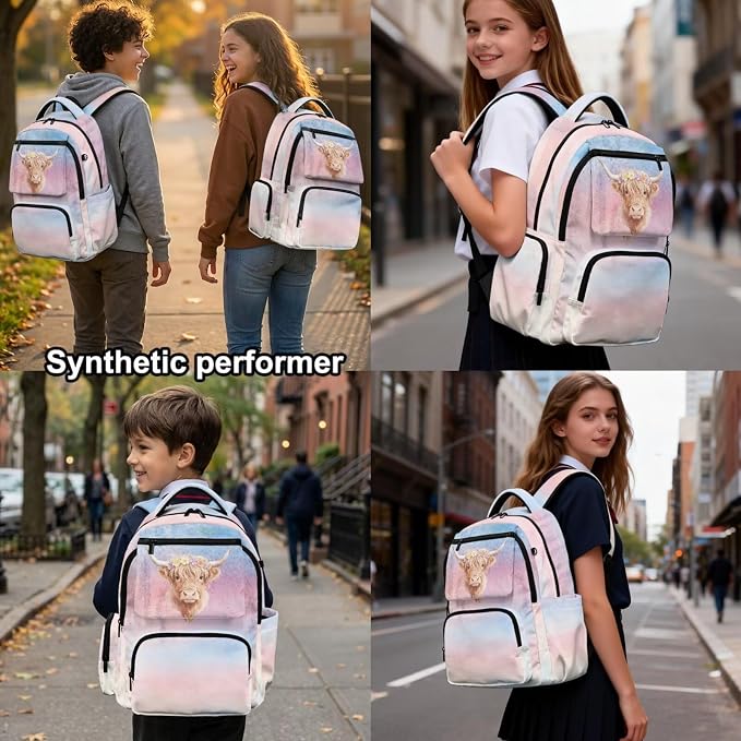 WELLFLYHOM Highland Cow Kids Backpack Set with Lunch Box Girls 8-12 Cherry Blossom School Bookbag Lunch Bag Pencil Pen Case Water Bottle Carrier Back to School Gift