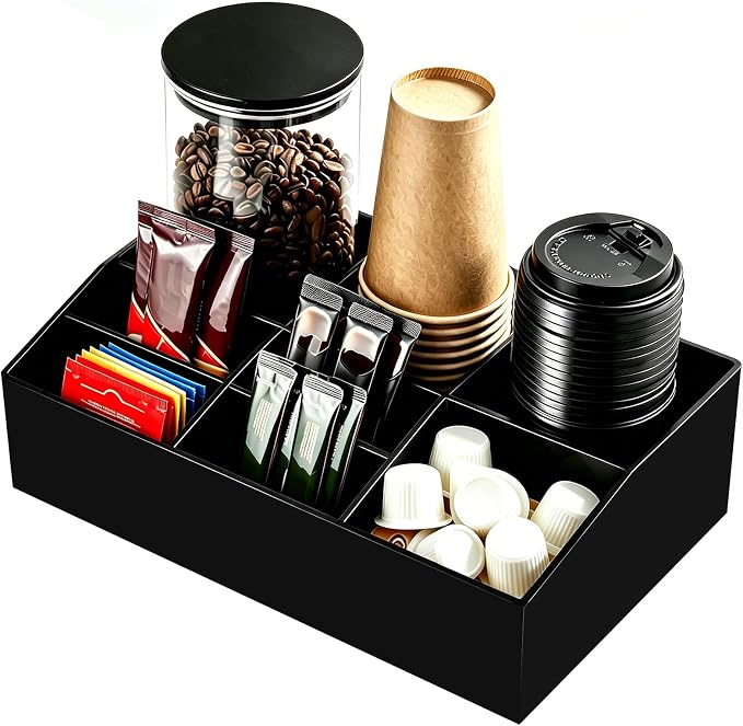 Coffee Bar Accessories, Acrylic Coffee Station Organizer Storage Box | Black Coffee Station Accessories with Removable Dividers for Pod Condiment Syrup Cup Stirrer Tea Bag, Farmhouse Table Decor