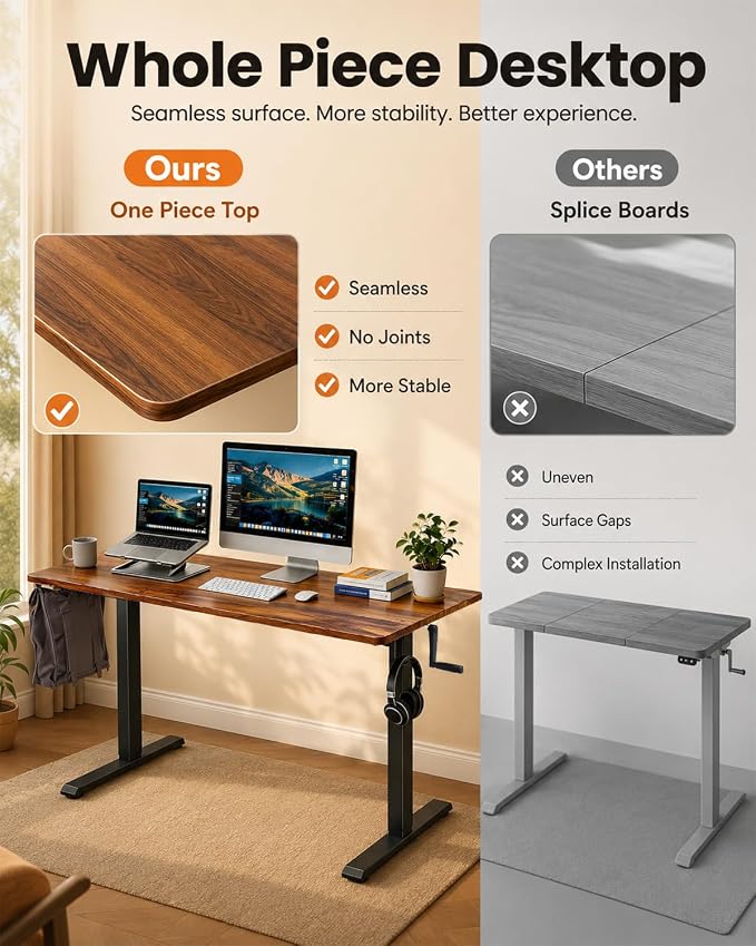 Whole Piece Manual Standing Desk Adjustable Height with Lockable Casters- Hand Crank Stand up Desk with Wheels, Mobile Sit to Stand Workstation with Handle