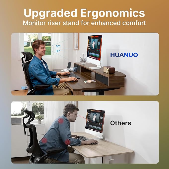 HUANUO 40 x 24 inch Small Electric Standing Desk with 2 Drawers, C-Clamp Mount Compatible, Height Adjustable Sit Stand Desk, Home Office Stand Up Desk with 4 Memory Height Settings, Walnut