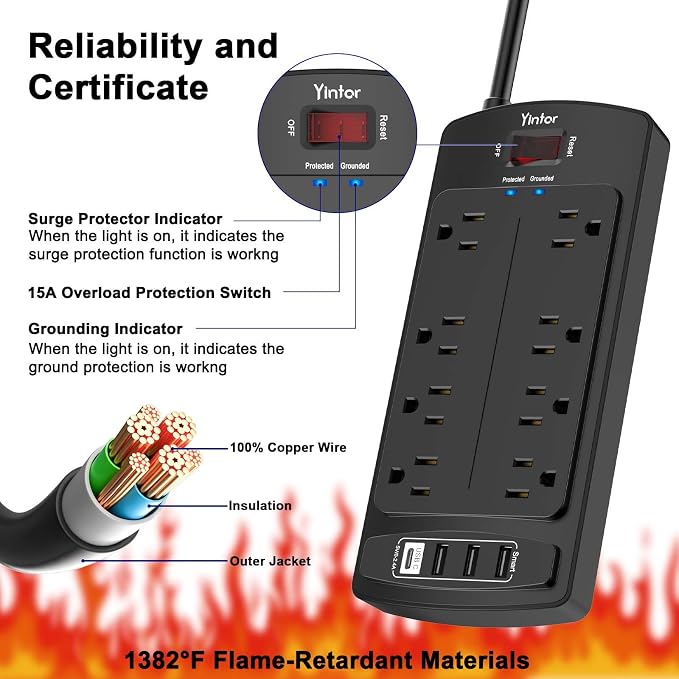 Surge Protector Power Strip, Yintar Flat Plug Extension Cord with 8 AC Outlets and 4 USB Ports, 10 Feet Power Cord, 2700 Joules, ETL Listed, Black
