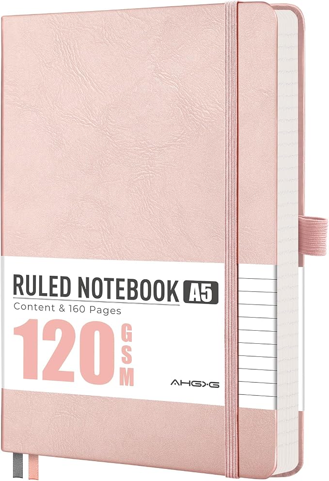 AHGXG Lined Journal Notebook, 160 Numbered Pages, A5 Medium Size (5.7'' x 8.3''), 120 GSM Thick Paper, for Men & Women, Journaling, Writing, Work & Office, Leather Hardcove (Rose Gold)