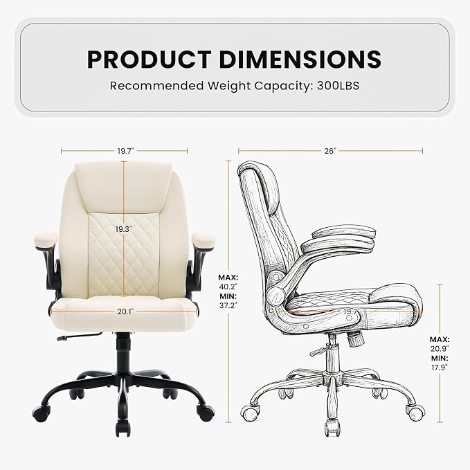 Leather Office Chair, 300lbs Heavy Duty Mid-Back Desk Chairs with Flip-up Armrests, Space-Saving Swivel Task Chair with Wheels, Adjustable Height and Ergonomic Back Support, Beige