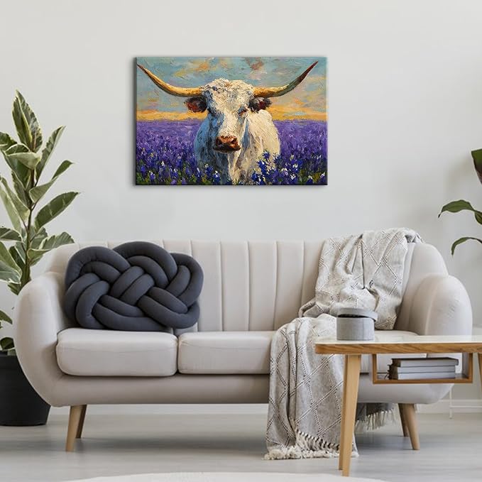 Vintage Cow Canvas Wall Art Farmhouse Wildflower Paintings Wall Decor for Living Room Rustic Texas Longhorns Cattle Canvas Prints Watercolor Animal Posters Artwork Nursery Bedroom Decorations 16x24"