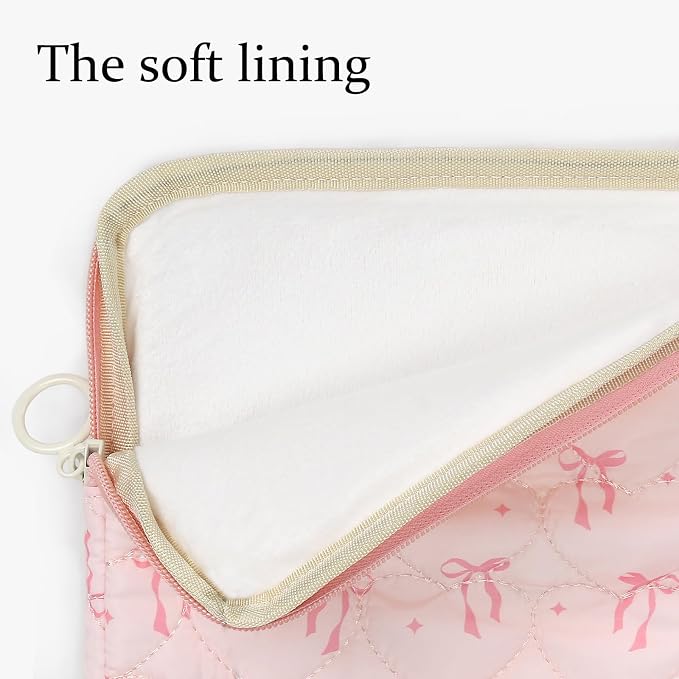 Cute Bow Puffy Laptop Sleeve 13-15 Inch Cute Quilted Laptop Protective Case Padded Bow Computer Sleeve for MacBook