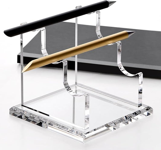 YUXUN Acrylic Pen Holder for Desk - Horizontal Three Pen Display Stand with 8mm Thick Base | Fountain Pen Rest, Apple Pencil Stand, Crystal-Clear Desk Organizer