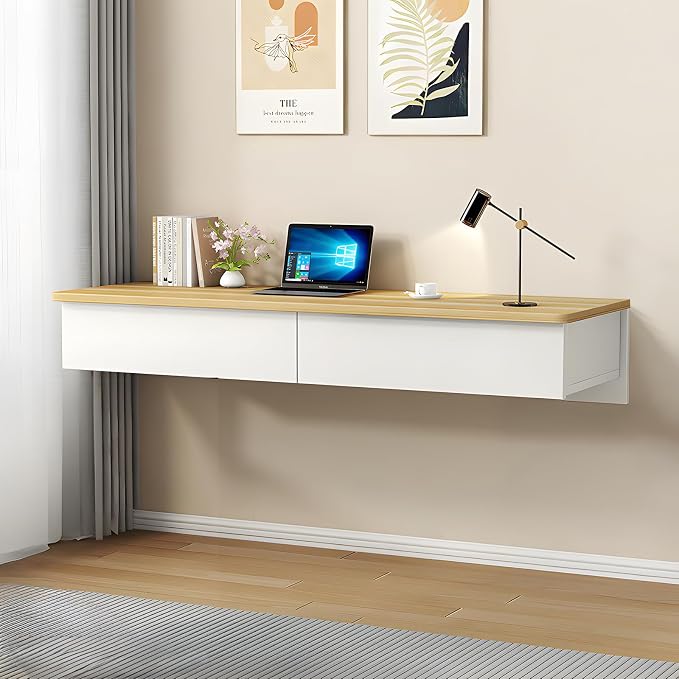 Floating Desk with Drawers, Wood Wall Mounted Desk, Floating Makeup Vanity, Space Saving, Sturdy and Stable, Floating Table for Living Room, Bedroom, Home, Office, White