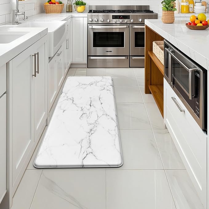 Marble White Kitchen Mats for Floor, Cushioned Anti Fatigue Non-Slip | Cushioned Comfort,Non-Slip Backing,Waterproof Surface,Soft Underfoot,Easy Clean,Kitchen Sink,Laundry Room,Standing Desk