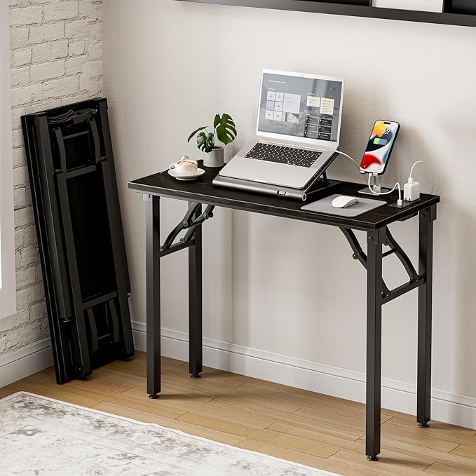 Frylr Small Folding Computer Desk – 35.8 Inch Portable Table for Craft and Study, Lightweight Desk for Small Spaces, Foldable Laptop Table Built-in AC/USB Outlets for Convenience, Dark Oak