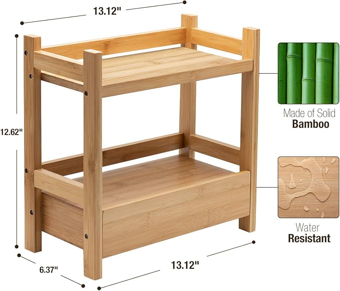 Sorbus 2-Tier Bamboo Countertop Shelf with Hidden Drawer for Vanity, Matcha Shelf, Bathroom Storage Cabinet, Under Sink Organizer, Bathroom Storage, Matcha Station Shelf (13″ L x 6.5″ W x 12.6″ H)