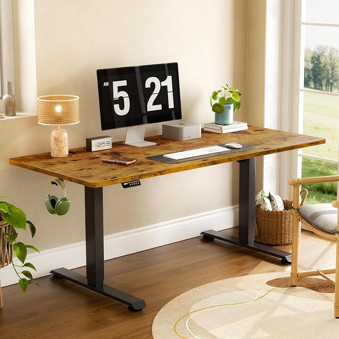 Veken 63" x 28" Super Large Standing Desk, Height Adjustable Electric Computer Desk, Sit to Stand Up, Modern Workstation for Home Office, Walking Pad, Writing, Gaming Bedroom Study, Brown