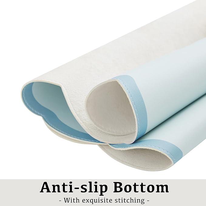 Scalloped Desk Mat, 31.5" x 15.7" Large Cute Aesthetic Desk Accessories, PU Leather Computer Laptop Desk Mouse Keyboard Pad, Desk Writing Mat for Vanity/Work/Home Decor (Blue, 31.5" x 15.7")