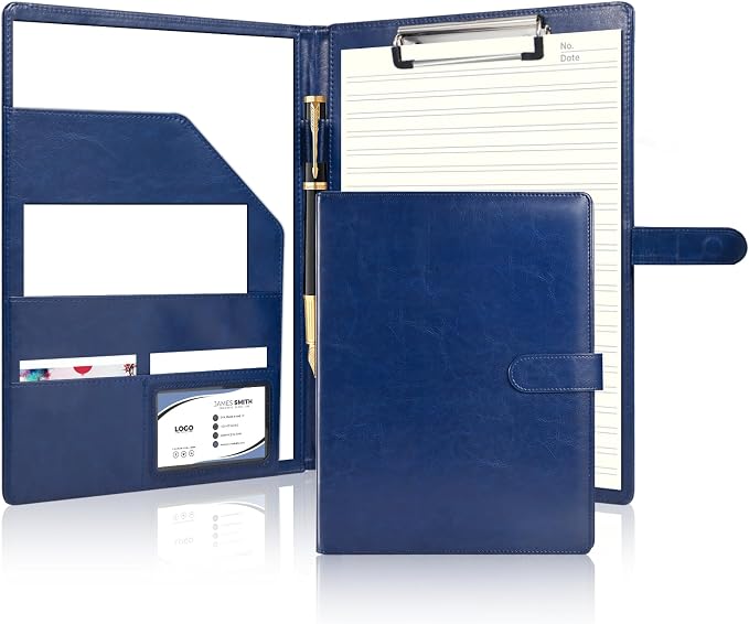 Professional Portfolio Binder with Clipboard, Faux Leather Padfolio Organizer for Resume, Interview Business Conference, Legal Pad Holder for A4 Letter Size Notepad with Multi-Pocket Storage (Blue)