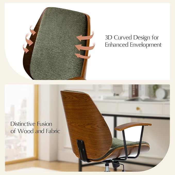 HULALA HOME Solid Wood Office Chair with Tilt Function & Metal Base, Green | Mid Century Modern Desk Chair with Bent Wood Frame, 360° Swivel Fabric Computer Task Chair, Height Adjustable