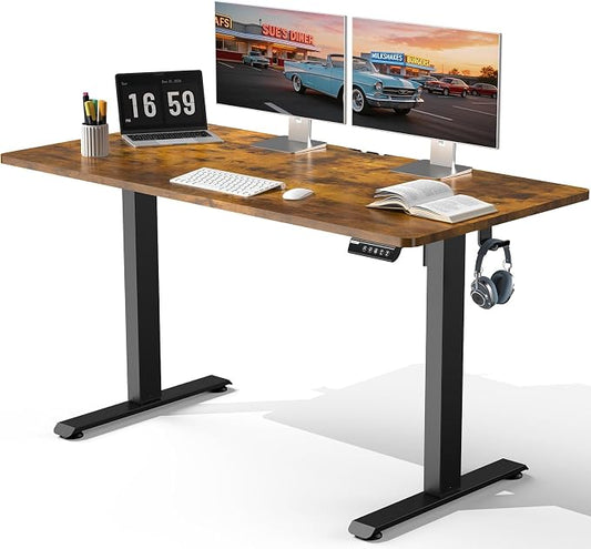 Veken 55" x 23.6" Super Large Standing Desk, Height Adjustable Electric Computer Desk, Sit to Stand Up, Modern Workstation for Home Office, Walking Pad, Writing, Gaming Bedroom Study, Brown