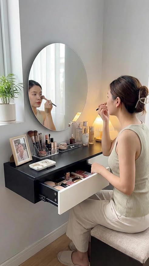 Wall Mounted Floating Vanity Desk with 2 Storage Drawers Modern MDF Makeup Table – 39.4 x 15.7 x 5.9 in (100 x 40 x 15 cm), Space-Saving Dressing Table for Bedroom or Small Spaces (Black)
