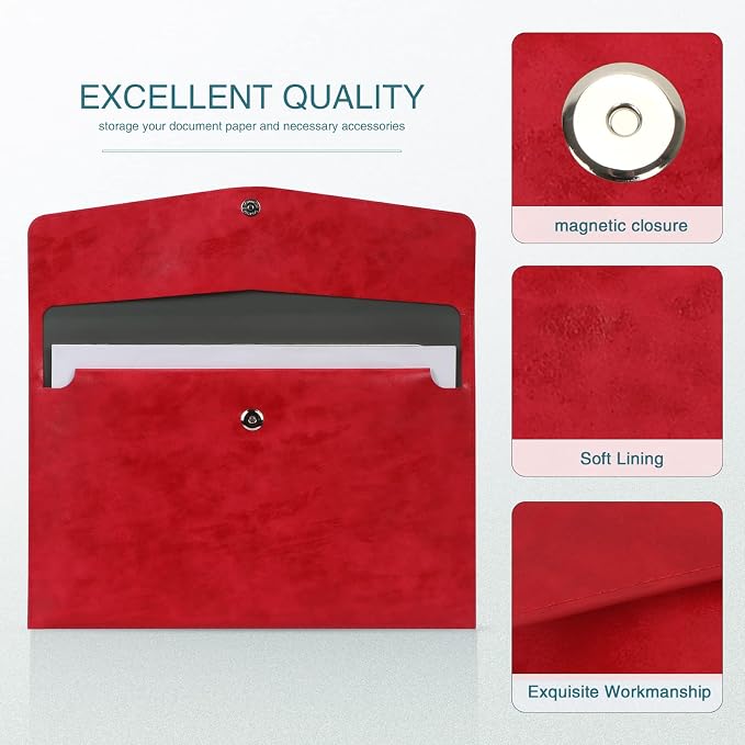 FYY File Folder - PU Leather A4 Document Holder File Organizer Filing Envelope Portfolio Case Tablet Sleeve with Magnetic Snap Closure for Home School Office Stationery Red