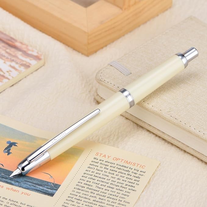 Jinhao 20 Press Fountain Pen, Ivory White Retractable Medium Nib with Ink Converter Set (Silver Clip)