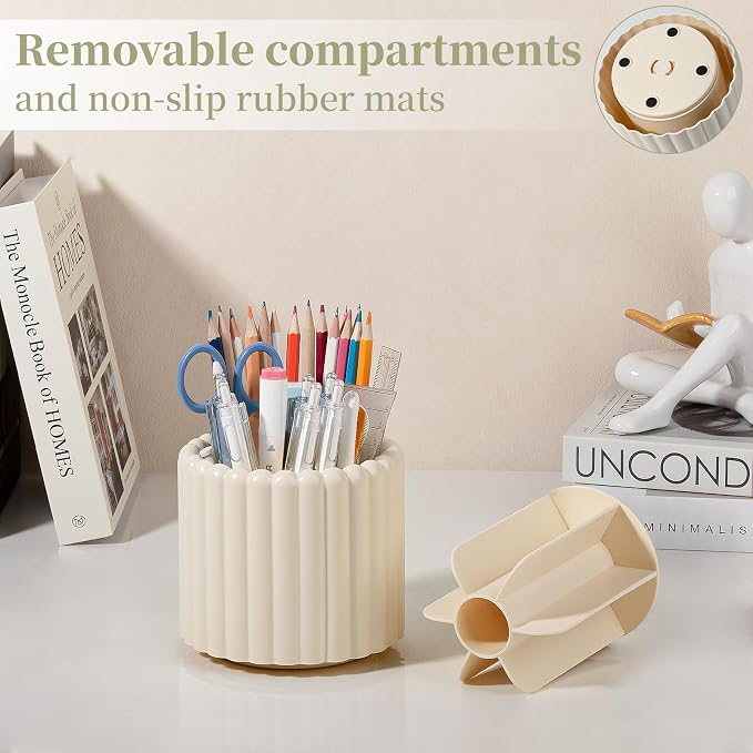 360° Rotating Pen Holder for Desk Removable Pencil Organizer, Beige | 7 Slots Pen Cup Cute Office Supplies and Accessories Plastic Desktop Storage Box Art Caddy for School, Work, Home