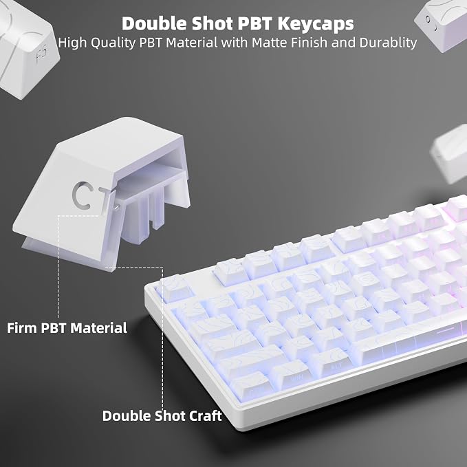 White Topographic PBT Keycaps,97 Key Caps Set Side Printed,No Tear & Fade Shine Through RGB Backlit Cherry Profile Keycaps (Ergonomic,Doubleshot) for 61/64/66/68/71/75/84/87 MX Mechanical Keyboards
