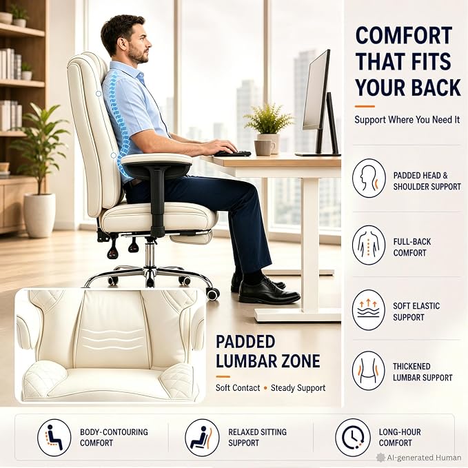 Big and Tall Office Chair Heavy Duty Wide Executive Office Chair(Beige) | Breathable Leather，Double-layered Backrest，Seat Cushion Designed of Deluxe Embroidery Leather，Foot Rest, Adjustable Armrests