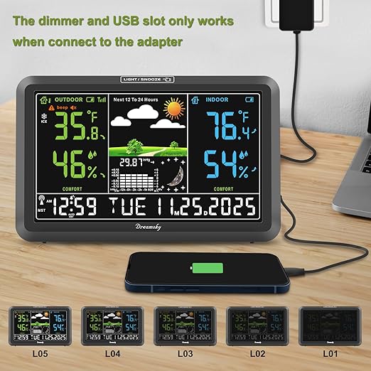 DreamSky Weather Station Indoor Outdoor Thermometer Wireless, Atomic Clock | Digital Large Display with Backlight Dimmer, USB Port, Inside Outside Temperature Humidity Monitor for Home (Plug-in)
