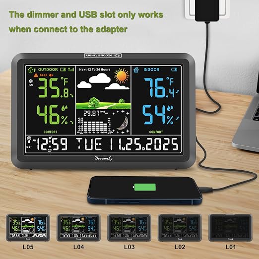 DreamSky Weather Station Indoor Outdoor Thermometer Wireless, Atomic Clock | Digital Large Display with Backlight Dimmer, USB Port, Inside Outside Temperature Humidity Monitor for Home (Plug-in)