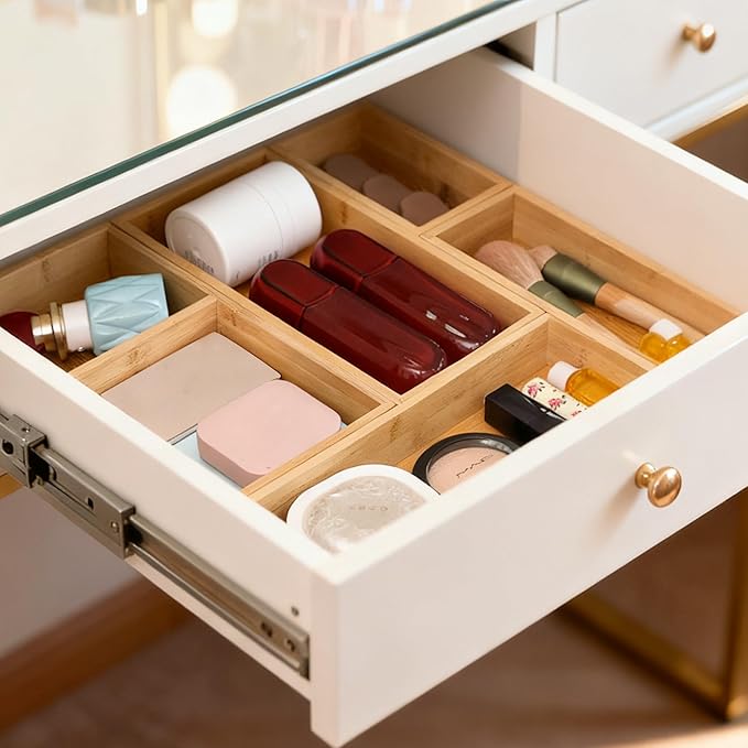 Bamboo Drawer Organizers Set, 5-Piece Multi-Use Wood Storage Organizers, Desk Drawer Tray for Kitchen, Bathroom, Office, Dresser, Bamboo Box Bin for Jewelry, Makeup, Junk, Gadgets