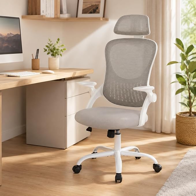 Grey Ergonomic Office Chair, High Back Mesh Desk Chair with Adjustable Headrest Lumbar Support, Computer Chairs with Flip-up Armrests and Thickened Cushion for Adults Home Office, 360° Swivel