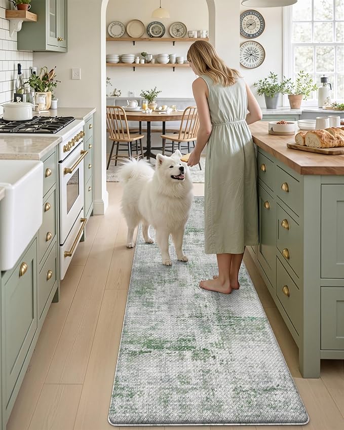 DEXI Kitchen Mats Cushioned Anti Fatigue, 23x86 Floor Padded Runner Rug Non Slip, Waterproof Standing Comfort Memory Foam for Front Sink Laundry, Green